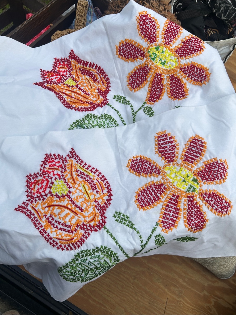 Hand-Embroidered Floral Pillowcase Pair - White with Orange, Red & Green